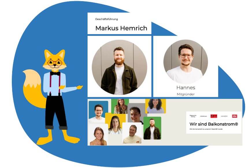 Die Gründer und das Team hinter Balkonstrom GmbH und die Portale welche darüber berichten werden gezeigt. 